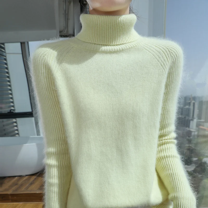 Jesienno-zimowy sweter damski z kaszmiru norek 100%, dzianina, pulower, gruby, ciepły, jednolity kolor, plus size, bazowy, z wysokim kołnierzem, odzież wierzchnia.