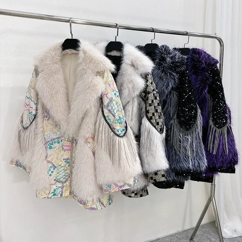 Abrigo y chaquetas de lana de cordero para mujer, ropa de calle de invierno, abrigo de piel integrada con lentejuelas y diamantes, moda Popular, nuevo