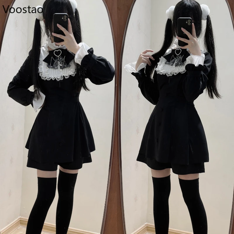 Vestido de Lolita gótico japonés para mujer, minivestido Harajuku Y2k con lazo de encaje y volantes, cuello de manga larga, elegante para fiesta