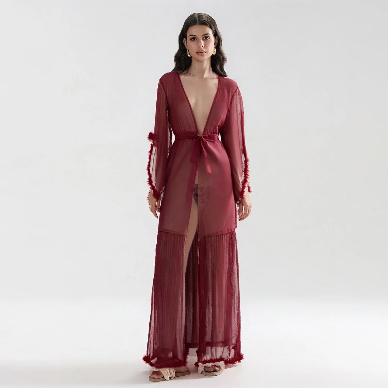 

Роскошный сексуальный кружевной ночной халат, женское кимоно, ночное платье макси, сетчатое платье с длинными рукавами, меховая одежда для вечеринки, одежда для сна, ночная рубашка, халаты