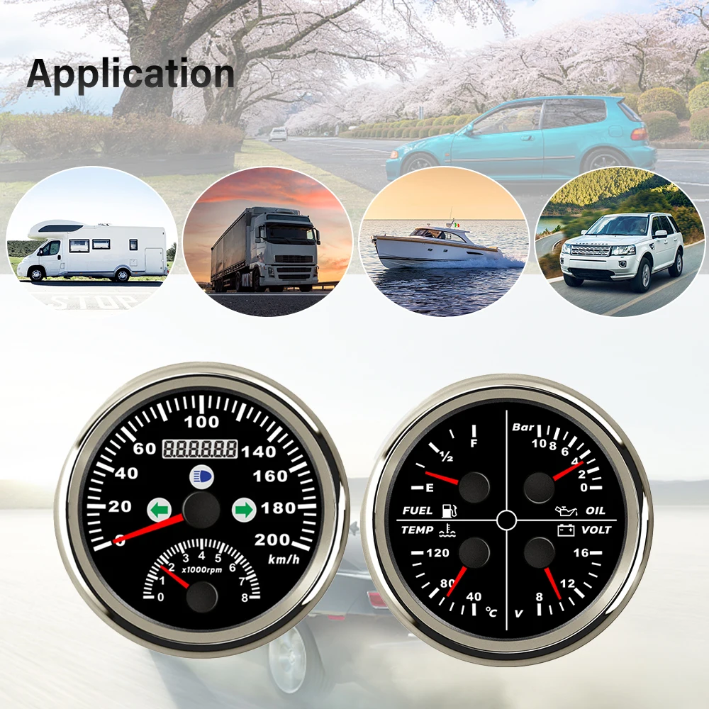 New 85mm 2 in 1 GPS Speedometer  with Tachometer and 4 in1 Gauge Fuel Level Water Temp Oil Press 8-16V Voltmeter for RV Car Ship