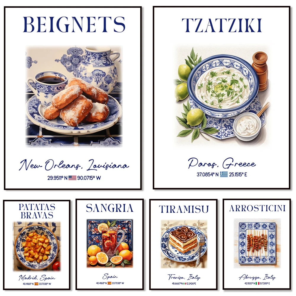

Patatas Bravas, BEIGNETS, GYROS, GAZPACHO, Traditional Italian, Spanish, Greek cuisine, Blue Azulejo tiles, Kitchen cafe poster