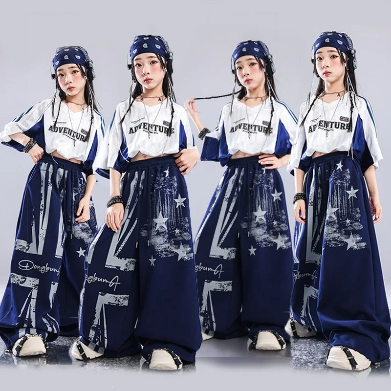 Girls Hip Hop Dance Clothes Set Blue white spliced crop tops Loose Sweatpants Street Dancewear Group Jazz Performance Costume
