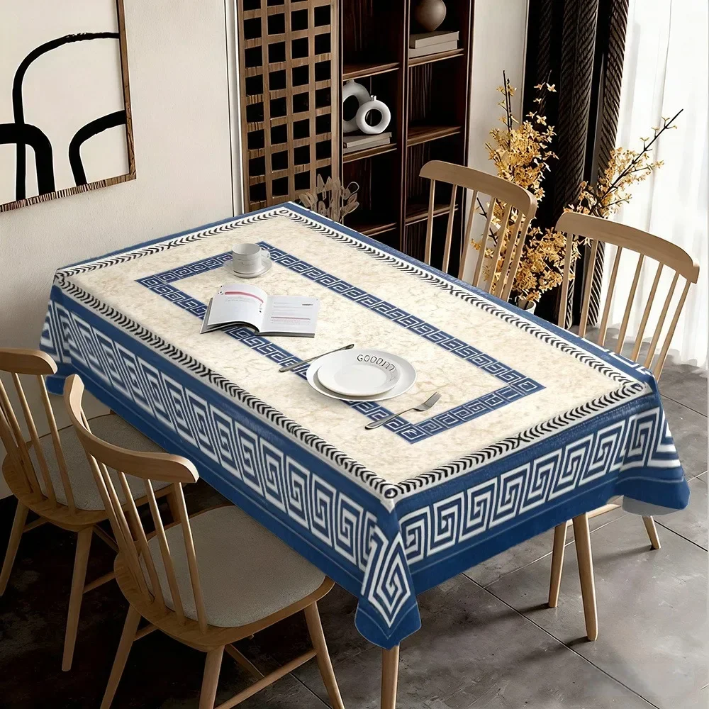 【2D】Tablecovers 1pc Geometric Stripes Greek Motif Pattern in Blue and White Color Scheme Suitable for Restaurantsxzj