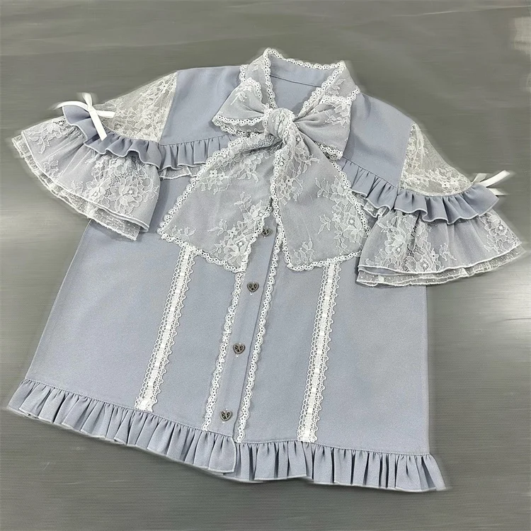 Mine Style Mass Production Japanese Sweet Lace Bow Off-the-Shoulder Short Sleeve Shirt Blouses High-Waisted Pantskirt Outfits