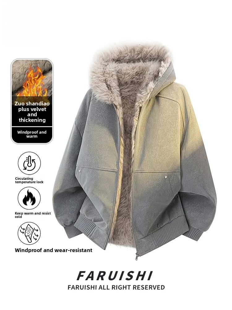 

American Style Men's Winter Cotton Jacket Thickened Fleece Lined Fur Collar Coat Warm Casual Outerwear Youth Fashion