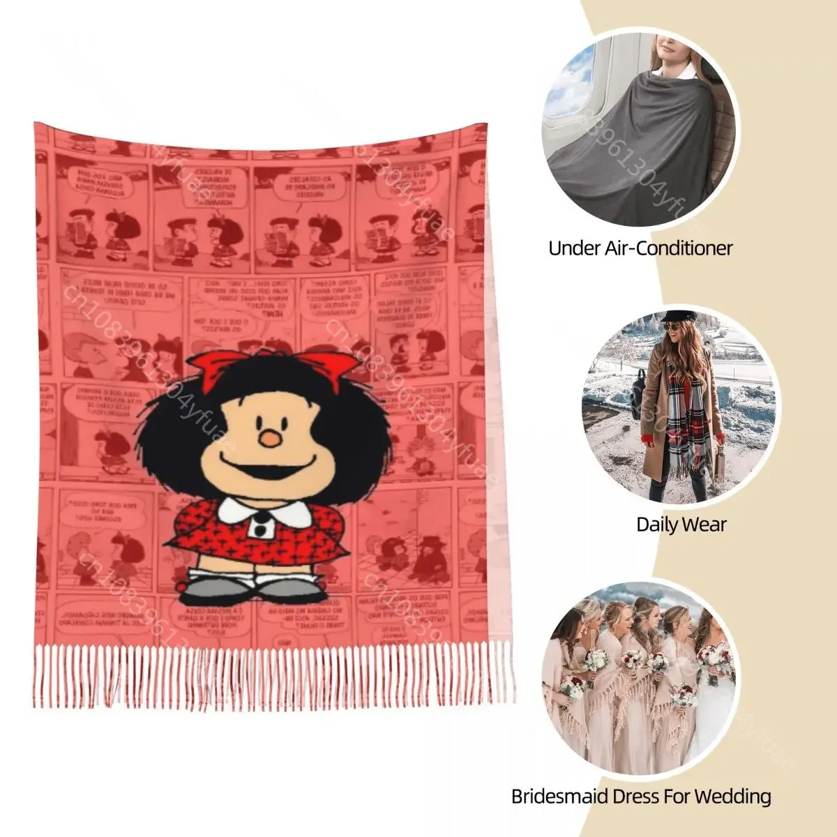 Mafalda Cartoon Scarf for Women Winter Fall Pashmina Shawls and Wrap Anime Large Shawl Scarf for Daily Wear