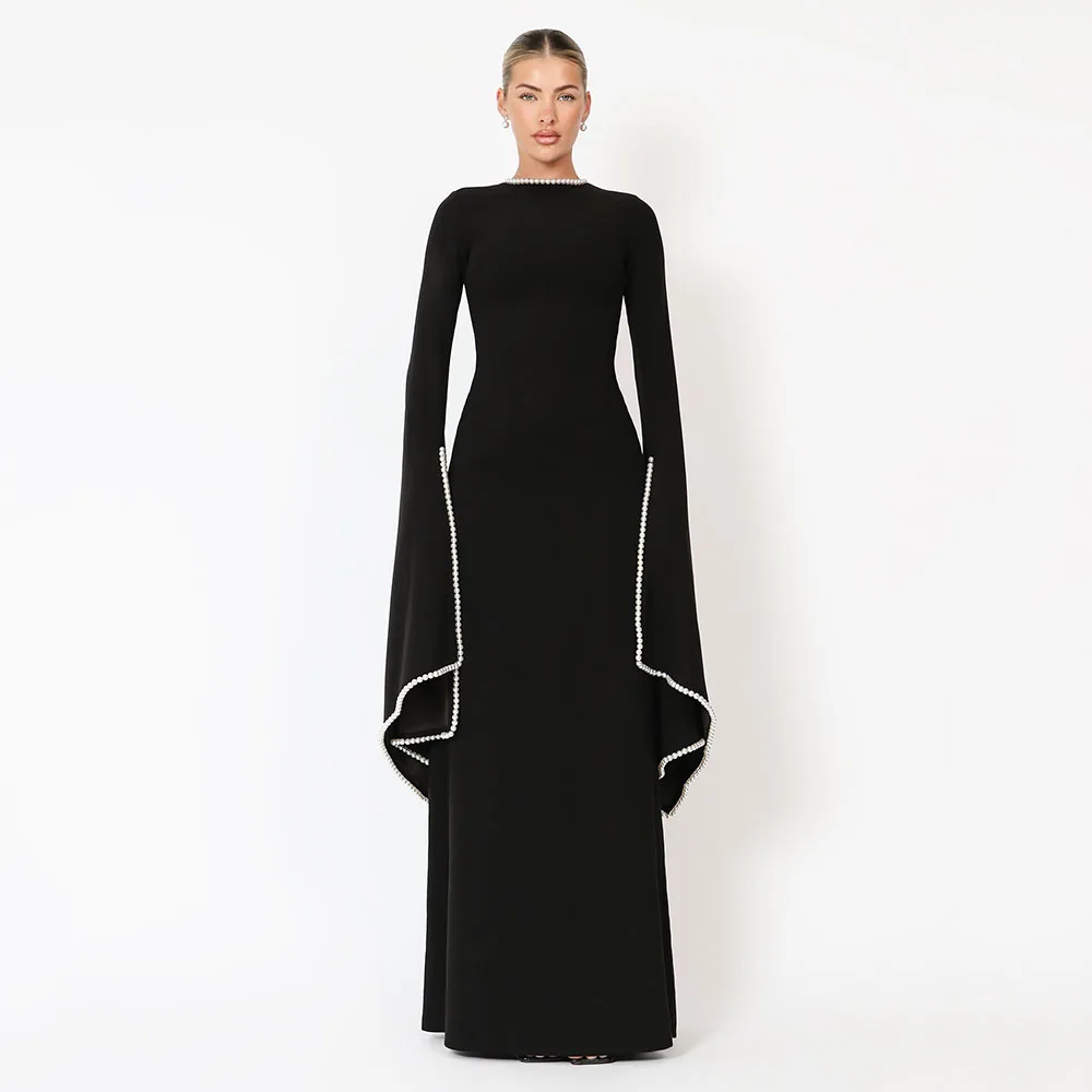 

Modest Wedding Guest Dress Black O Neck A Line Elegant Formal Party Gowns for Women 2025 Pearls Long Sleeves Evening Dresses