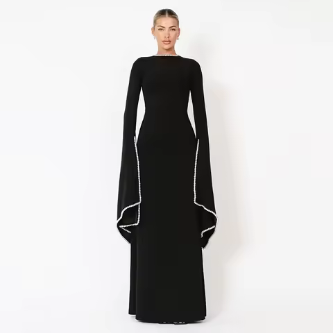 Customized Modest Wedding Guest Dress Black O Neck A Line Elegant Formal Party Gowns for Women Pearls Long Sleeves Evening Dress