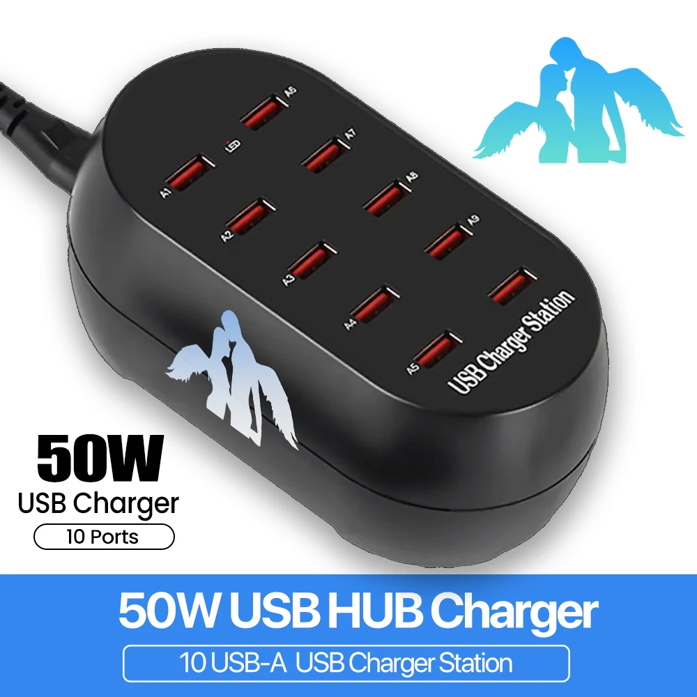 PSDA 3D LOVE USB Charger 10 Ports 150W Universal Wall Desktop Fast Charging Station Dock for Mobile Phone Power Adapter