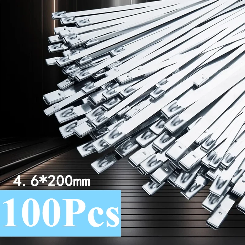 

100 шт. 4,6*200 мм 304 кабельная стяжка из нержавеющей стали, самоблокирующаяся кабельная стяжка, металлический высокотемпературный натяжитель кабельного лотка «сделай сам»