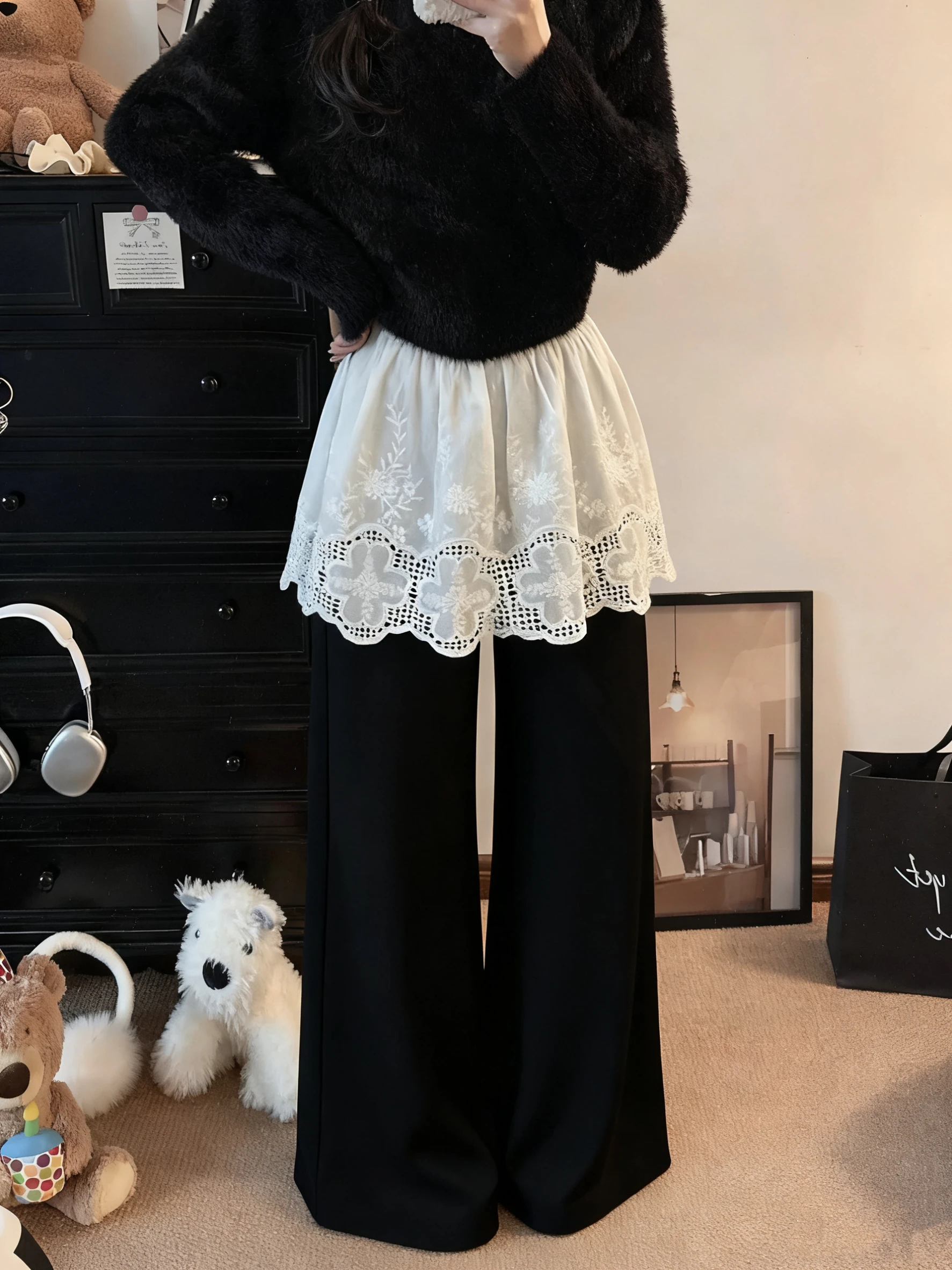 

Корейская женская юбка миди больших размеров с кружевным подолом, осенне-зимняя новинка, многослойная, скрывающая бедра, облегающая фигуру