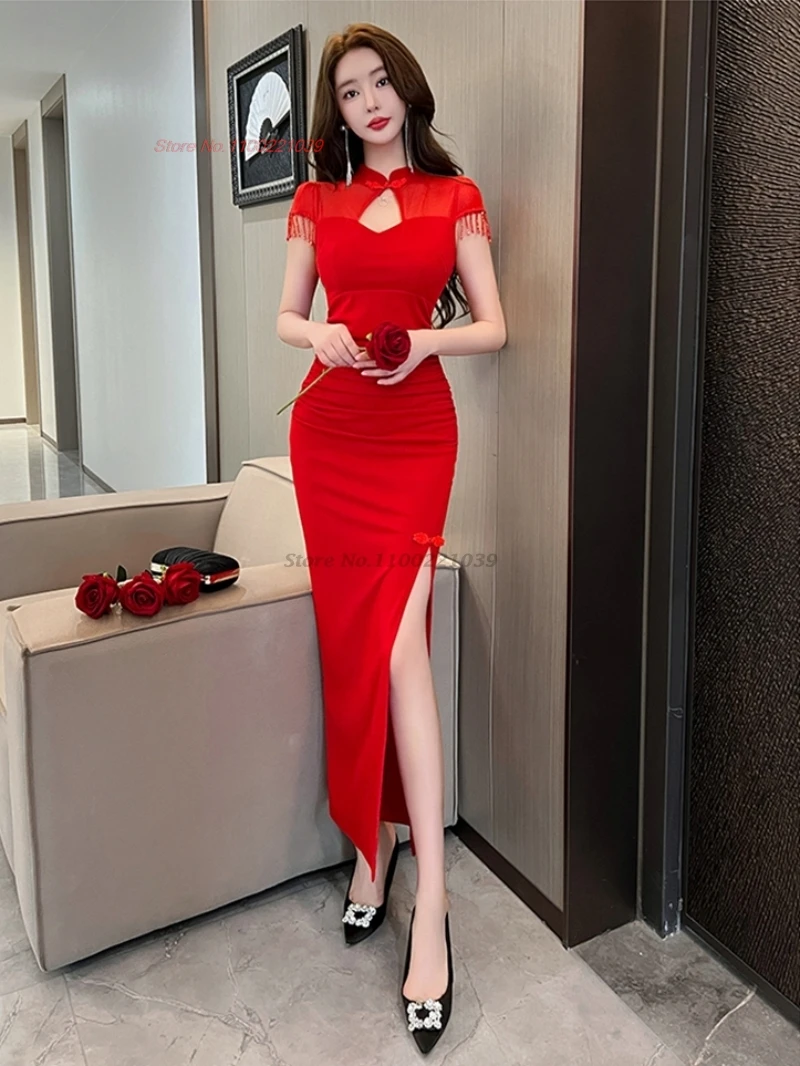 

2024 traditional sexy qipao chinese improved qipao evening dress mesh sleeve nightclub cheongsam banquet party dress vestido