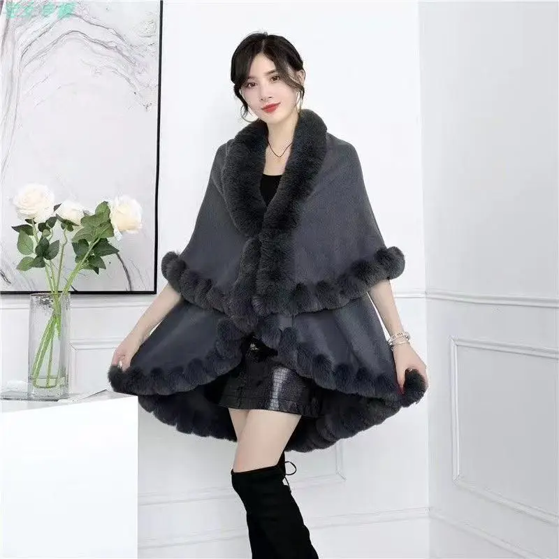 2025 Women's Double Layer Handcraft Fox Fur Cape Shawl Winter Warm Cashmere Poncho Coat Faux Fur Pashmina Cloak Female Wrap