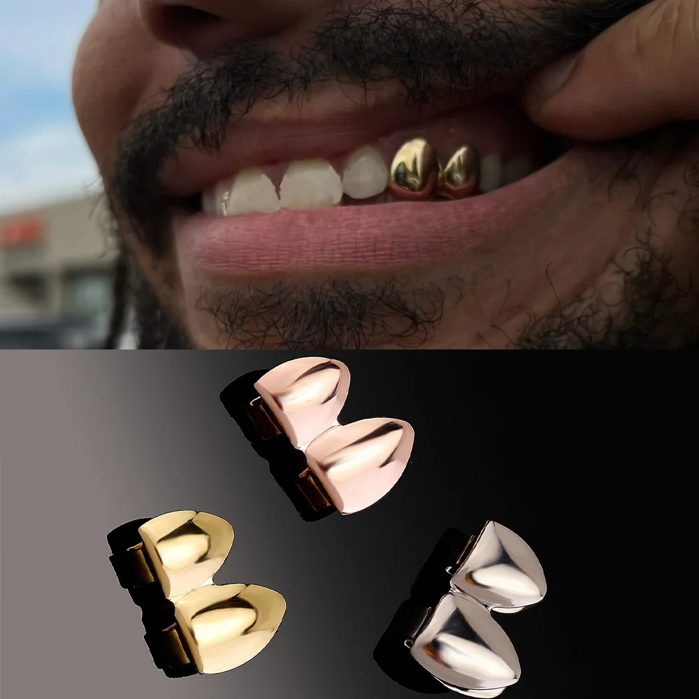 RACHELZ Hip Hop Double Glossy Teeth Grillz Gold Silver Color Tooth Caps Fangs Dental Grills For Women Men Jewelry Cosplay