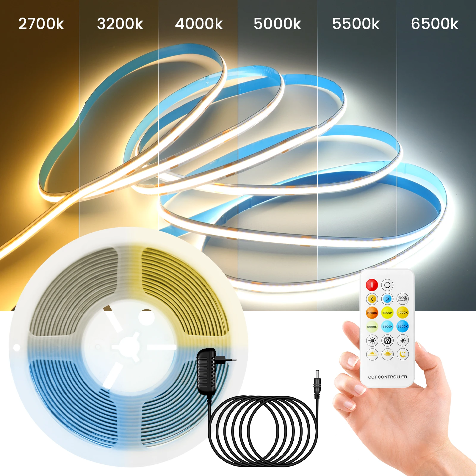 

24V CCT COB LED Strip Lights 576leds/m Flexible Tape Ribbon with Remote Control 2700-6000K Dimmable Linear Lighting