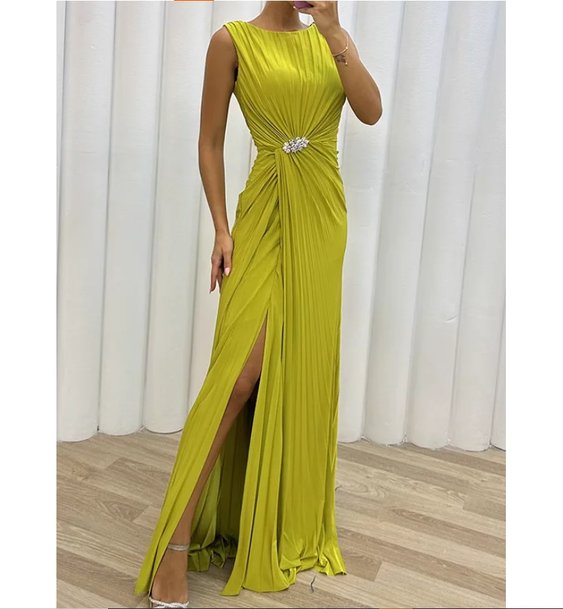 

Pleated Split Sleeveless Casual Dress Fashion Evening Gown