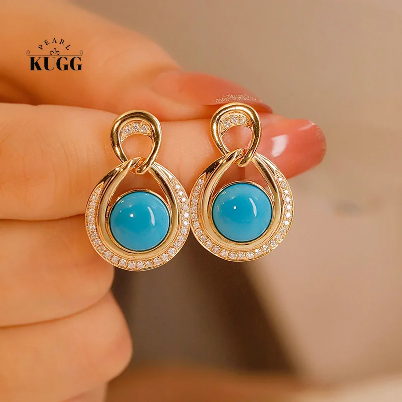 

KUGG 18K Yellow Gold Earrings Romantic Elegant Style Natural Turquoise Earrings and Necklace Luxury Women's Wedding Jewelry Set