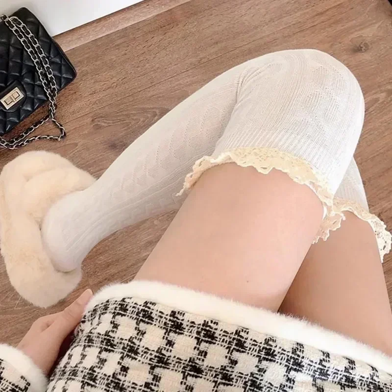 Academic Style Sexy Vintage Lace Long Knee Socks Premium Feel Light Luxury Warm Black White Grey Over Knee Thigh High Stockings