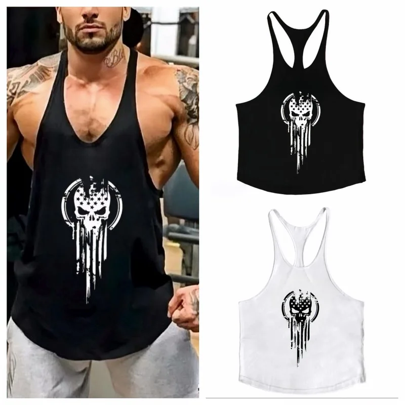 

2025 Popular Men's Loose Size Cotton Skull Print Casual I-shaped Sleeveless Sling Vest Fitness Gym Outdoor Sports Vest