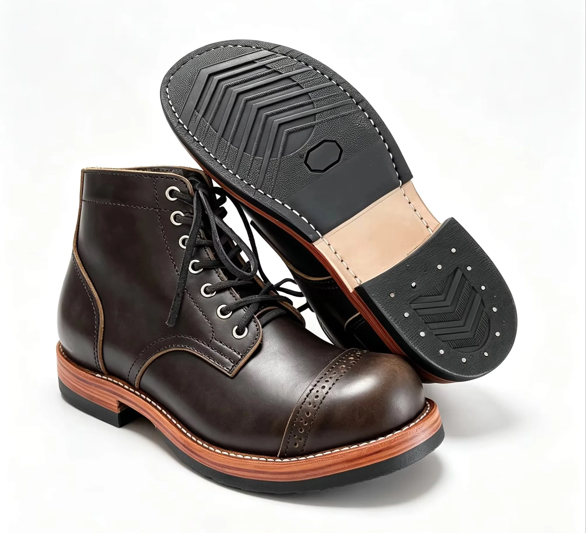 L422 Men Brown Suede Cap Toe Work Ankle Boots Goodyear Welt Motorcycle Outdoor Casual Thick Stacked Heel Retro Stitched