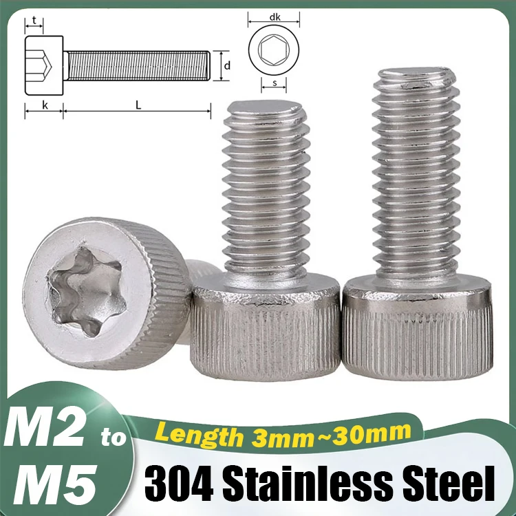 304 Stainless Steel Hex Socket Cap Torx Head Screws M2 M2.5 M3 M4 M5 SUS Six Lobe Security Head Screws Bolt Length 3mm~30mm
