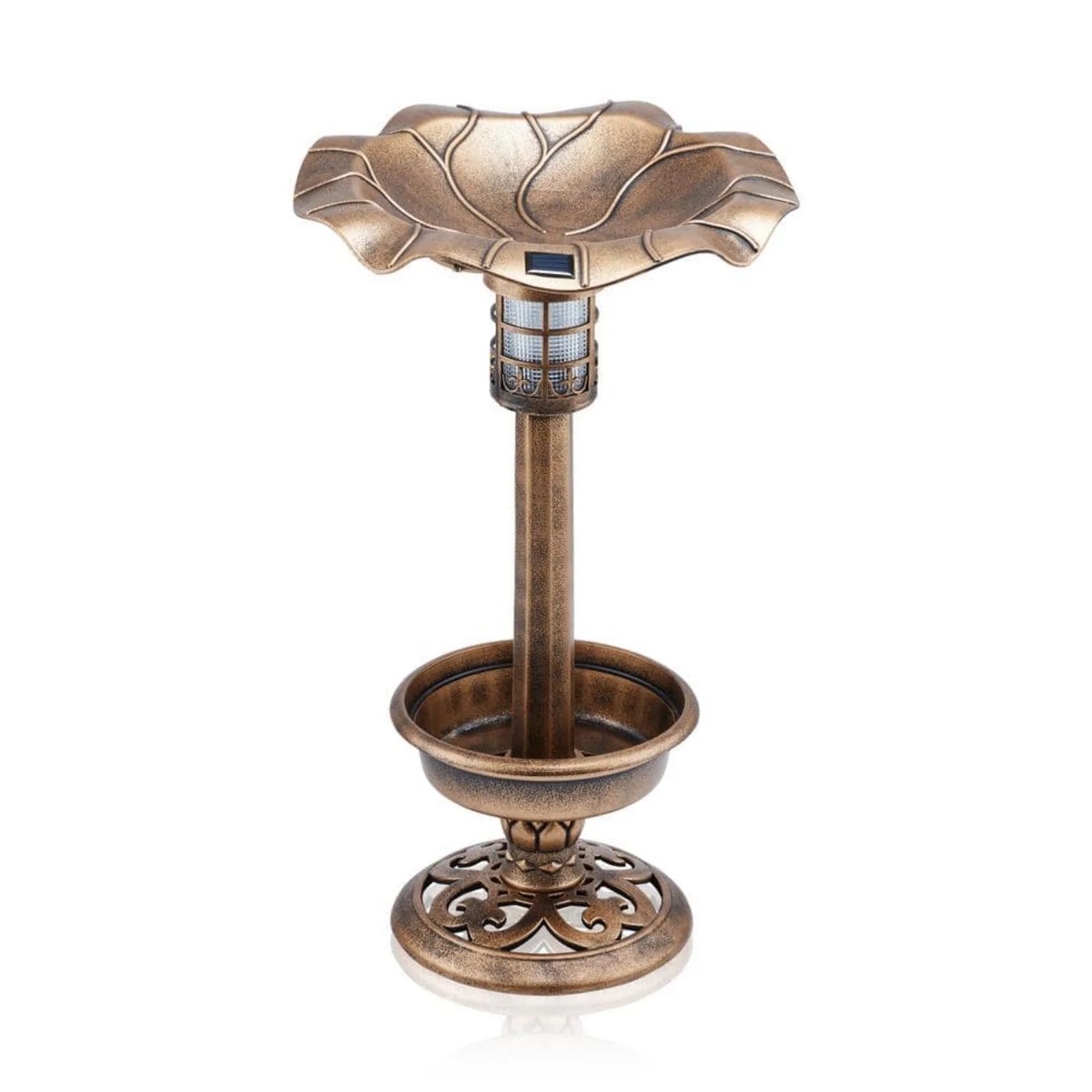 US 29 in. H Bronze Outdoor Pedestal Birdbath with Planter Base and Solar-Powered LED Lights