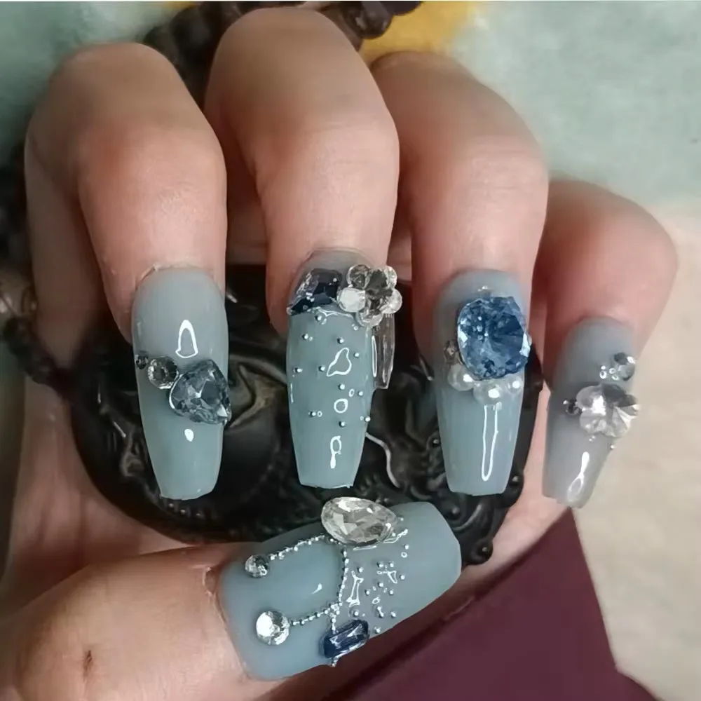 10 pçs de alta qualidade artesanal imprensa em unhas azul artesanal usando ponta do prego artificial reunião família diy salões de unhas