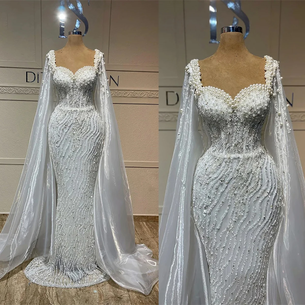 

Exquisite Pearls Rhinestone Wedding Dresses Detachable Train Princess Mermaid Bridal Gowns Custom Made Vestidos De Novia