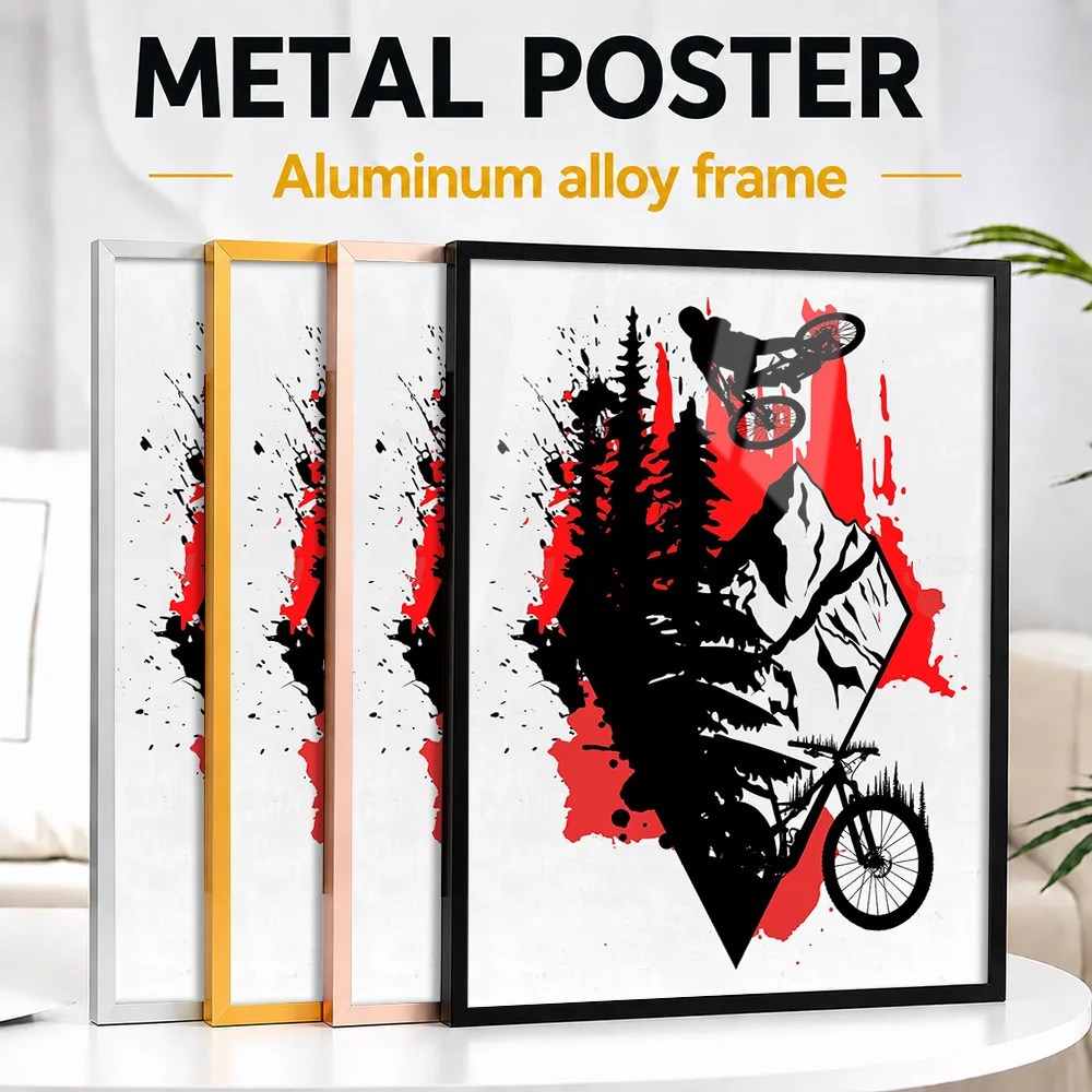Mountain Biker Red Forest Emblem Framed Aluminum Metal Poster Personalized Graphic Design Wall Art For Bicycle Repair Workshop
