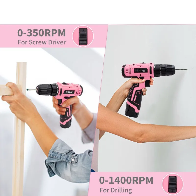 Pink hand drill 10mm two-speed impact lithium electric drill multi-function electric screwdriver