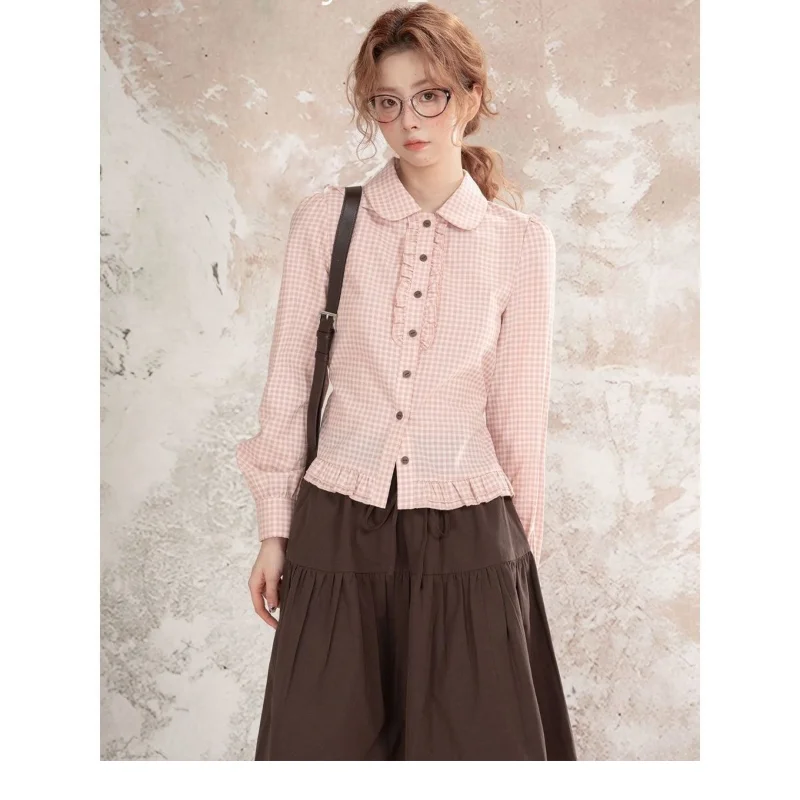

Plaid Shirts Women Cute Peter Pan Collar Spliced Ruffle Long Sleeve Tops Korean Sweet Versatile Y2k Blouses Chemises