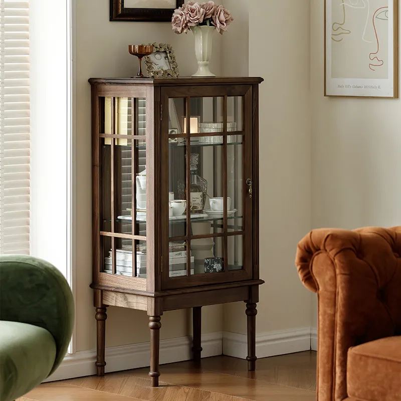 

North American Black Walnut American Wine Cabinet Retro Windshield French Display Cabinet All Solid Wood Living Room