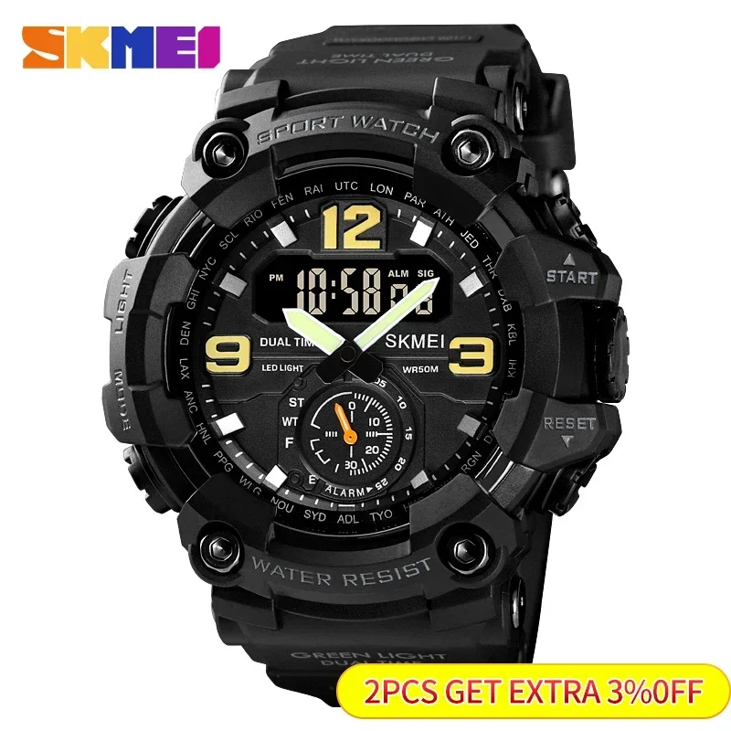 Skmei Dual Movement 3 Time Sport Polshorloge Heren Waterdichte Elektronische Horloges Montre Homme Digital Men Watch1637