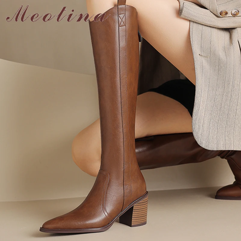 Meotina Women Genuine Leather Knee High Cowgirl Boots Pointed Toe Thick High Heels Zipper Western Gogo Boots Ladies Shoes Winter