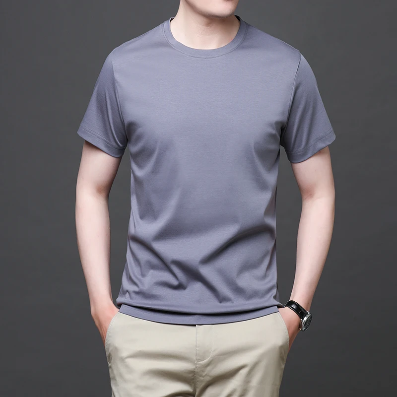 Mercerized Cotton Short-Sleeved T-Shirt Men's Round Neck Summer Business Leisure 80 Cotton Loose Solid Color Tops