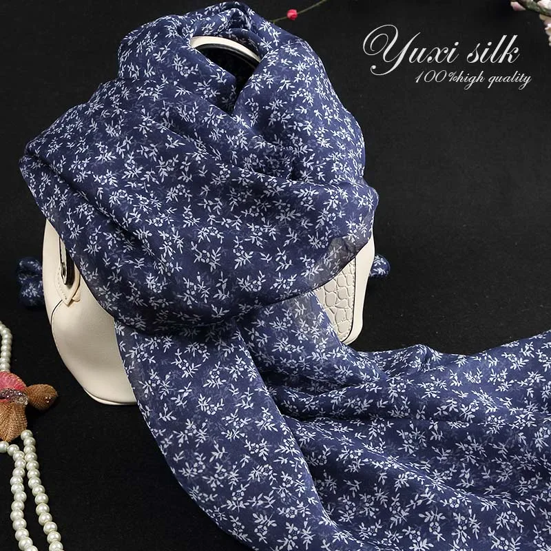 

Dark Blue Small Flower 100% Silk Long Scarf Shawl Women's Spring, Autumn and Winter Summer