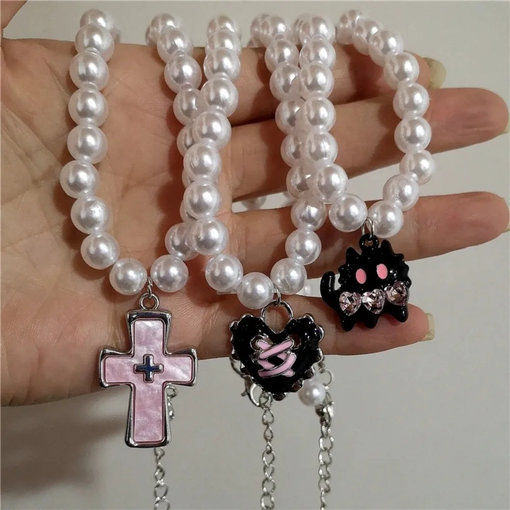 Beauty Sweet Pink Cross Necklace Punk Y2K Pearl Beaded Necklace Imitation Pearl Exquisite Love Heart Pearl Necklace Party