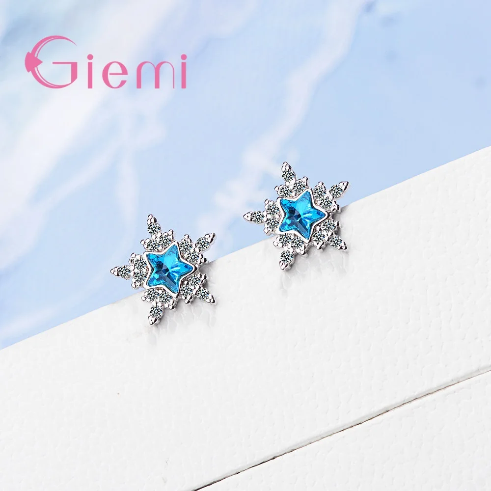 رائعة 925 فضة شكل نجمة الأزرق كريستال مكعب الزركون وأقراط للنساء حفل زفاف هدايا مجوهرات الأزياء