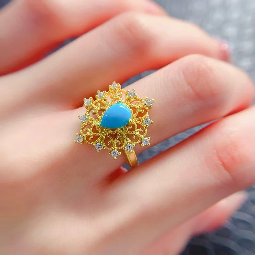 Exquisite 18K Gold Plated 925 Silver Turquoise Ring 5mm*7mm Natural Turquoise Powder Forming Gemstone Ring Gift for Girlfriend