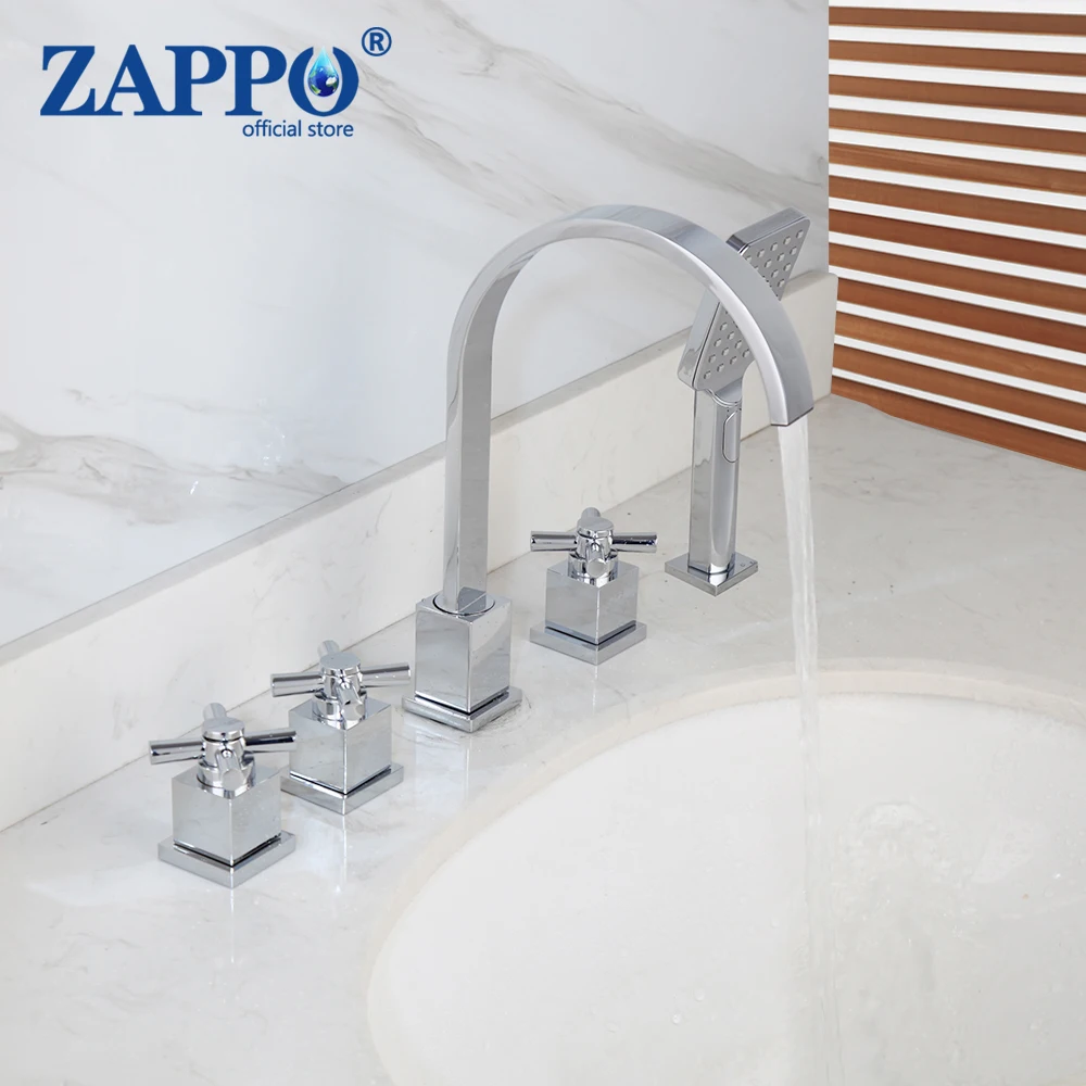 ZAPPO Bathtub Faucet Set, Polished Chrome 5-Hole Deck-Mounted Roman Tub Filler with Handheld Shower Sprayer Deck Mounted