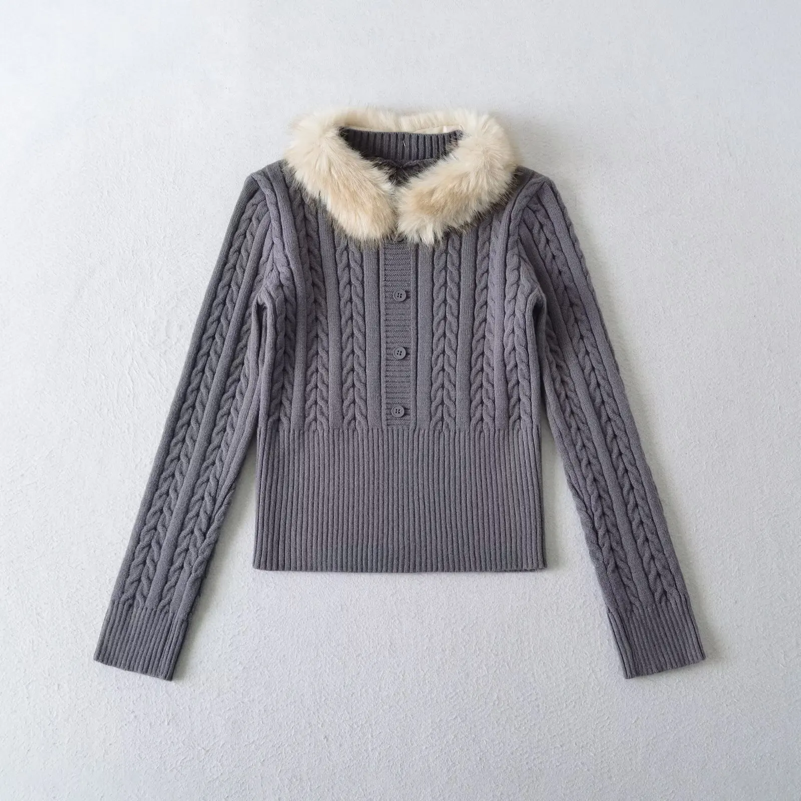 เสื้อไหมพรมถักลายบิด คอโอ แขนยาว ทรงเข้ารูป สั้น แต่งปกขนเฟอร์ถอดได้ สไตล์วินเทจ สำหรับฤดูใบไม้ร่วงและฤดูหนาว สีแดง