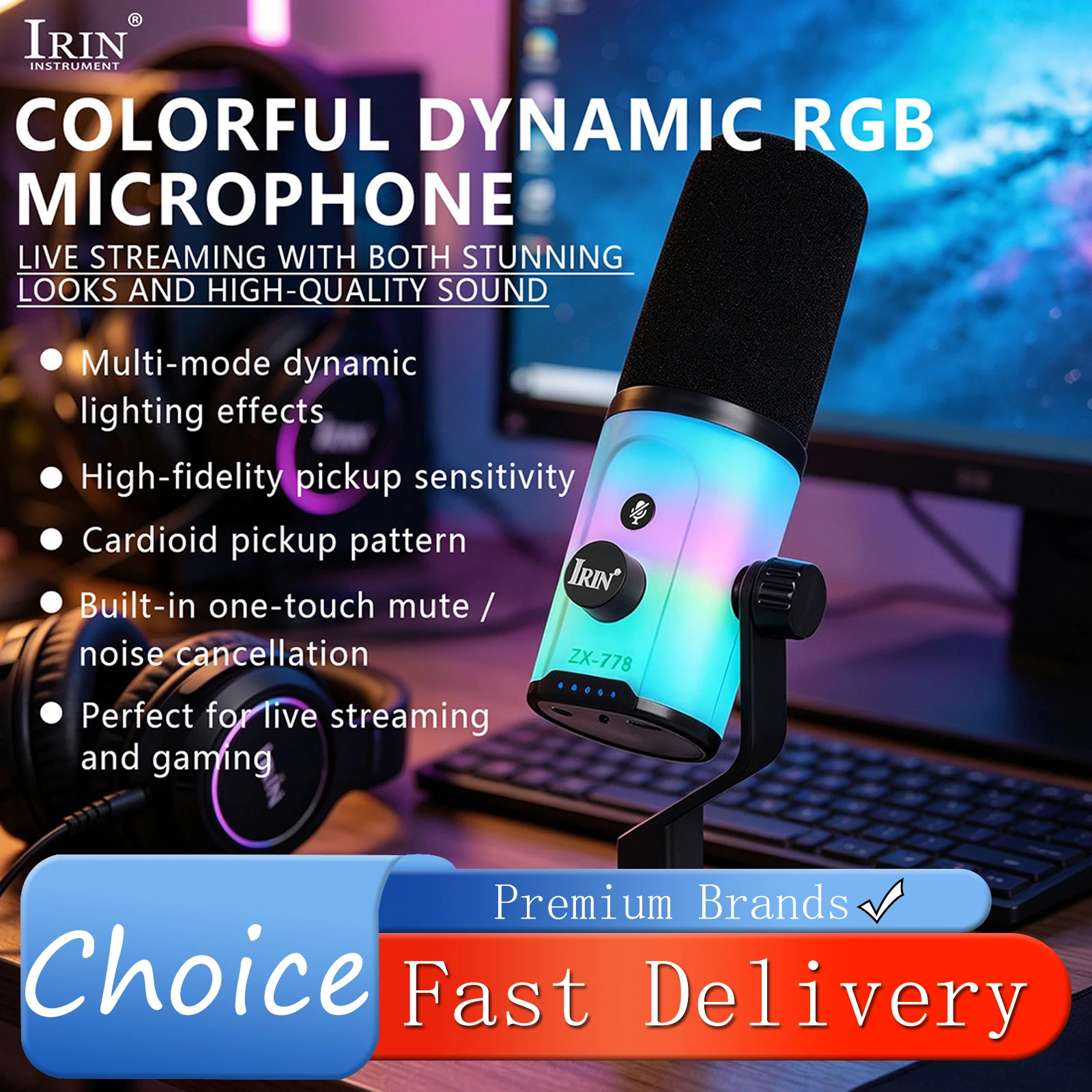 IRIN USB Dynamic Gaming Microphone with RGB Light Cardioid Pickup Mute & Noise Reduction USB-C for PC Phone Streaming Recording
