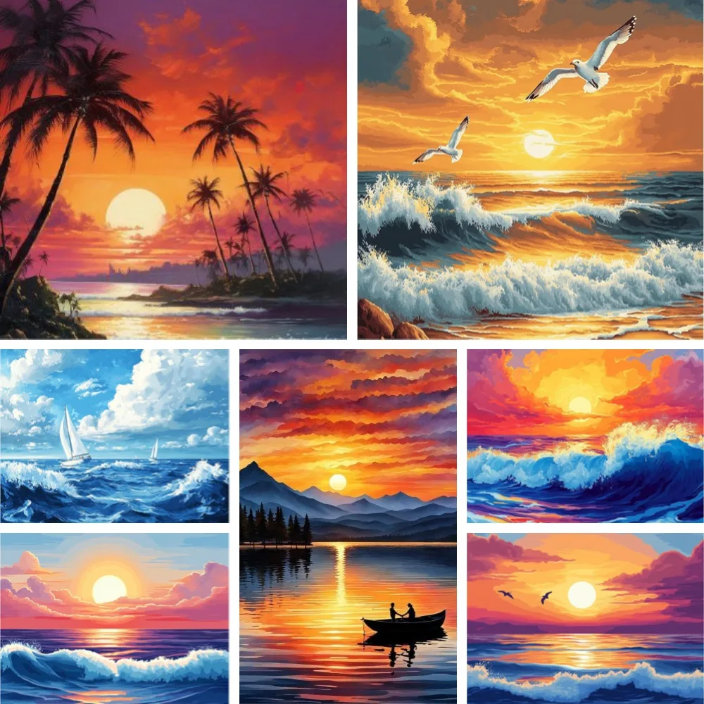 

5D Diamond Painting Mosaic Beach At Sunset Ocean Wave ,DIY Full Drill Coastal Life Cross Stitch Embroidery Tropical Wall Art