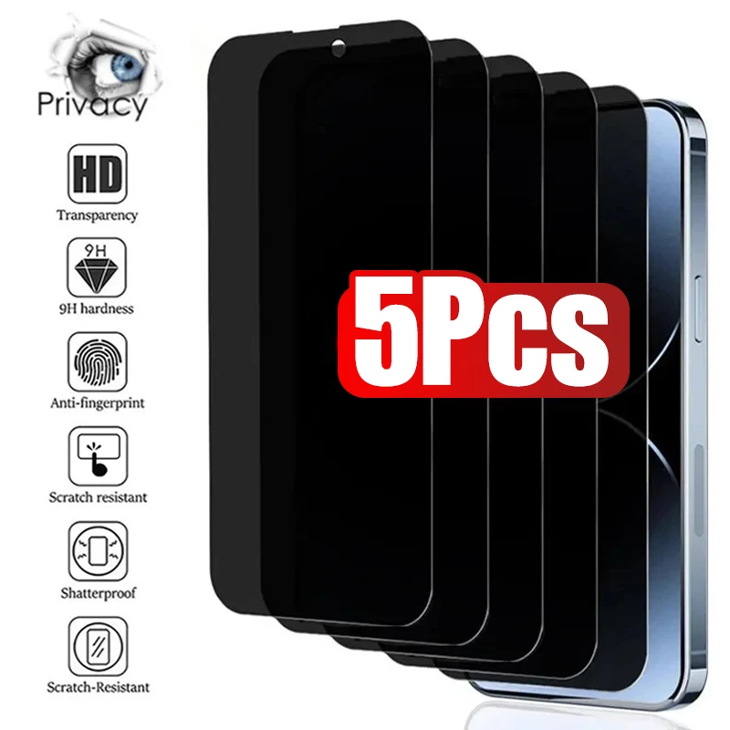 Protector de Pantalla Antiespía de Cobertura Total (5 Piezas) para iPhone 17, 16, 12, 13, 14, 15 PRO MAX, 14 Plus, Cristal Templado con Privacidad, 15 Plus, 16 Pro Max