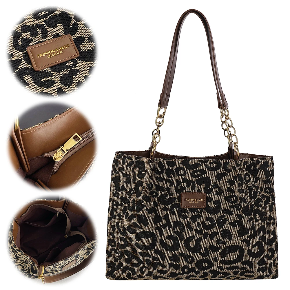 

Women Tote Bag Leopard Print Canvas Shoulder Bag Multi-Pockets Underarm Bag with Zipper for School Work Shopping