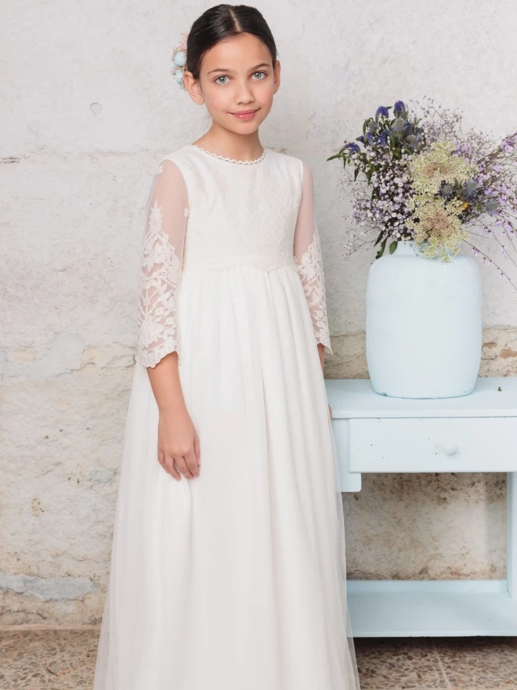 

Flower Girl Dresses White Satin Lace Appliques With Bow 3/4 Sleeves For Wedding Birthday Party Banquet Princess Gowns