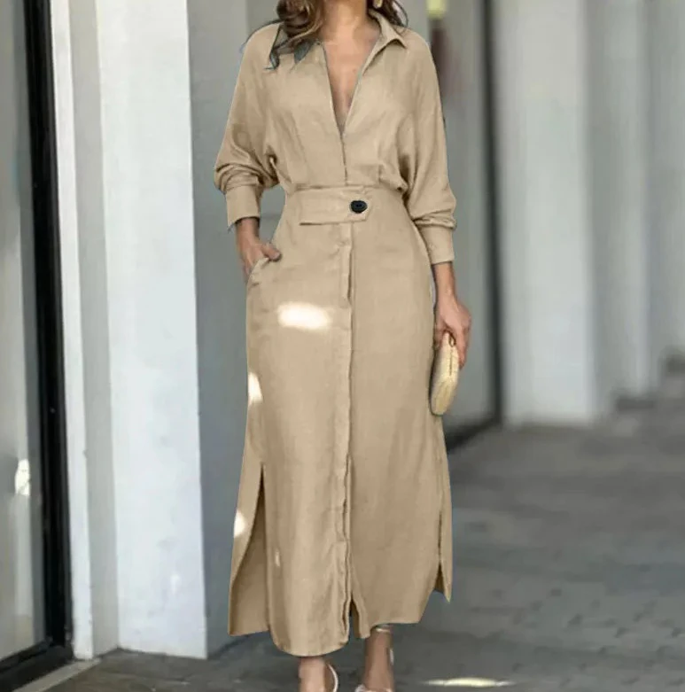 

Женские платья-рубашки, уличная одежда для поездок на работу, осеннее новое модное элегантное платье с длинным рукавом для отдыха, однотонное сексуальное женское платье с v-образным вырезом