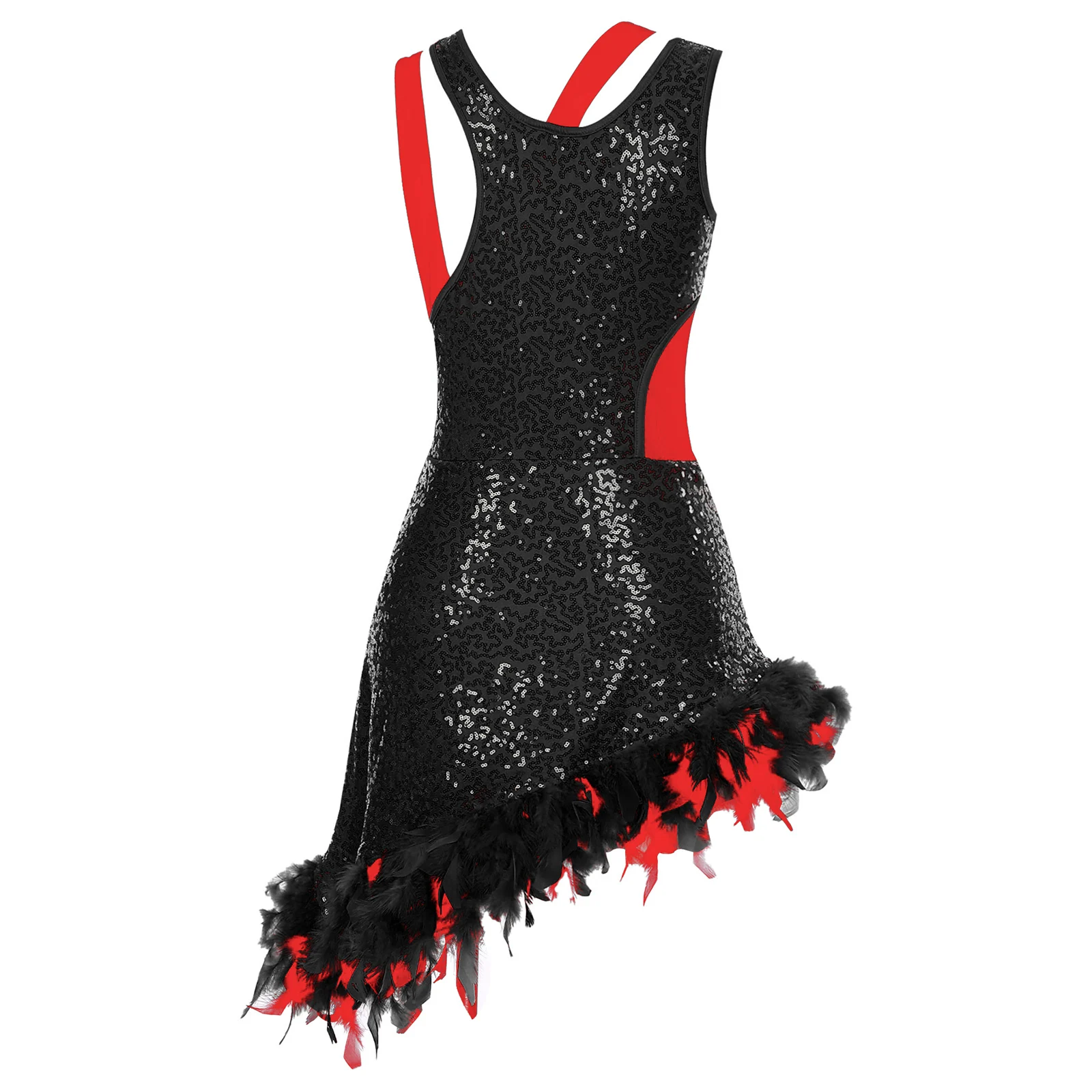 Women Jazz Latin Dance Performance Costume Sleeveless Feather Trim Shiny Sequin Leotard Dress for Cha-cha Tango Samba Rumba