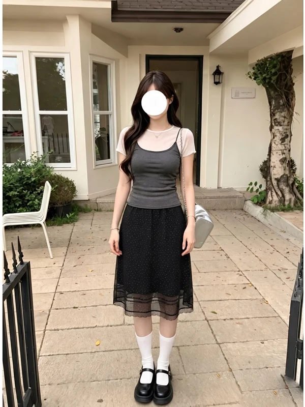 

Summer Knitted Polka Dot Halter Top And Mesh Skirt Set Women's Fashion Soft Style Two-Piece Outfit Black Dots Net Gown